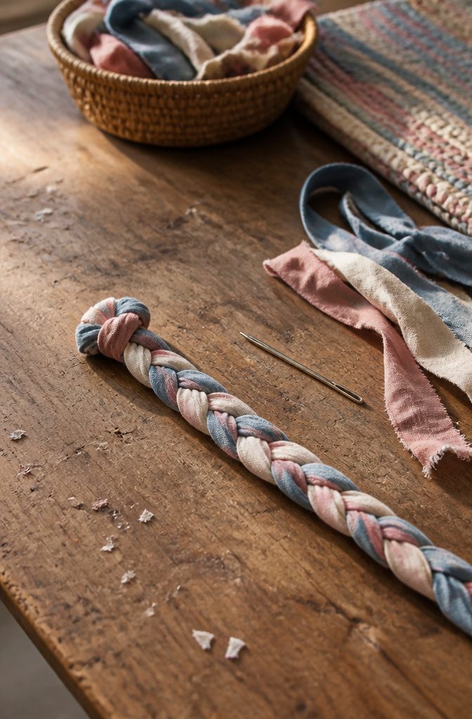 Three fabric strips knotted together at one end before braiding
