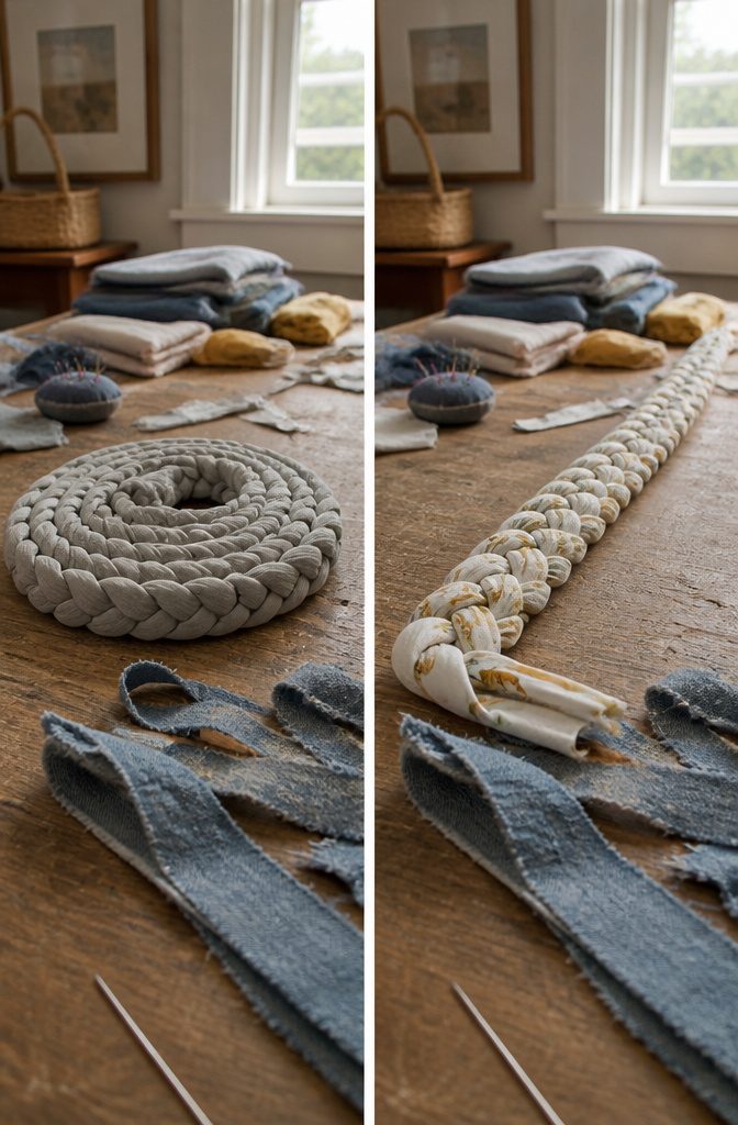 Jersey fabric and woven cotton strips arranged beside a coiled braid