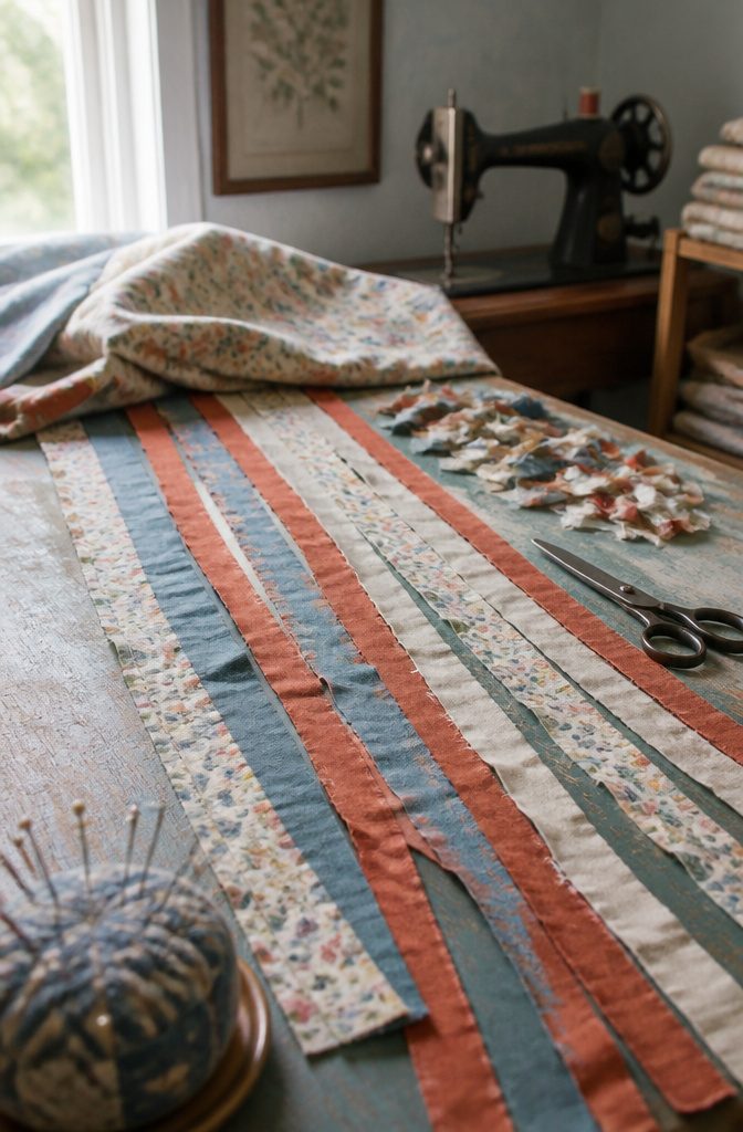 How to Make Rag Yarn and Crochet a Rug: 6 Steps 1 Quilting cotton strips beside fabric shears on a worn cutting table