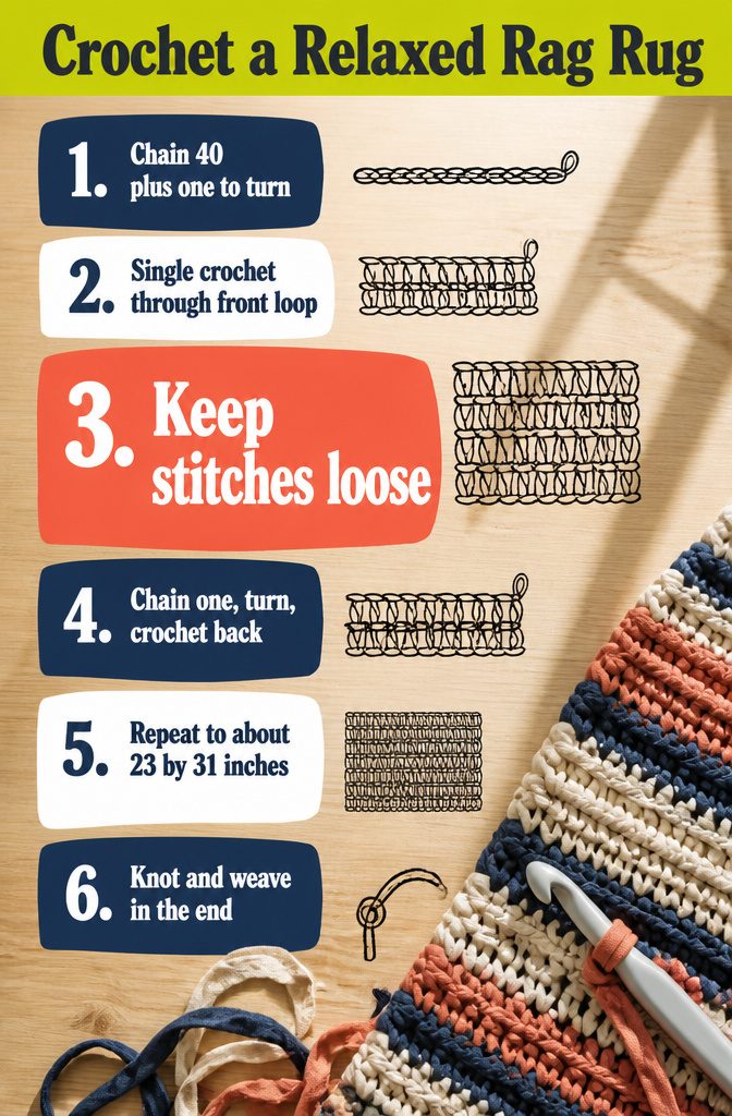 How to Make Rag Yarn and Crochet a Rug: 6 Steps 4 Crocheted fabric rug with visible ribbed rows and loose stitches