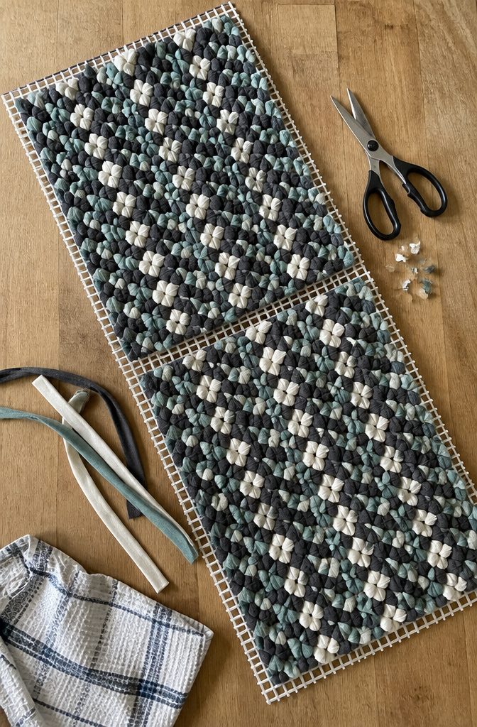 How to Make Rag Yarn and Crochet a Rug: 6 Steps 5 Sink mats cut into sections beside fabric yarn strips