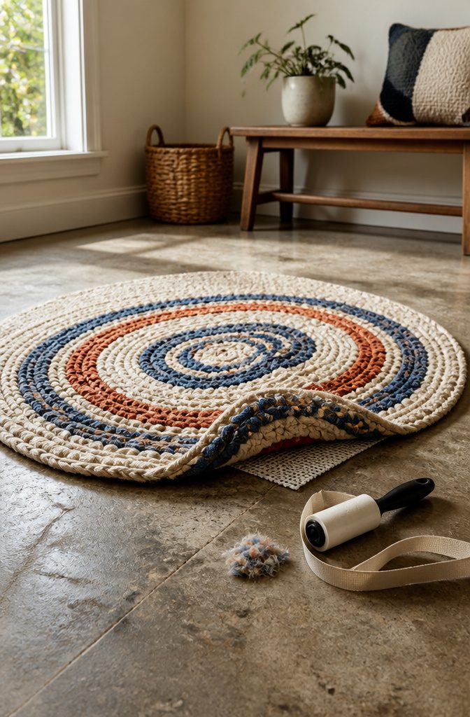 How to Make Rag Yarn and Crochet a Rug: 6 Steps 8 Finished rag rug with nonslip liner beneath it on a hard floor