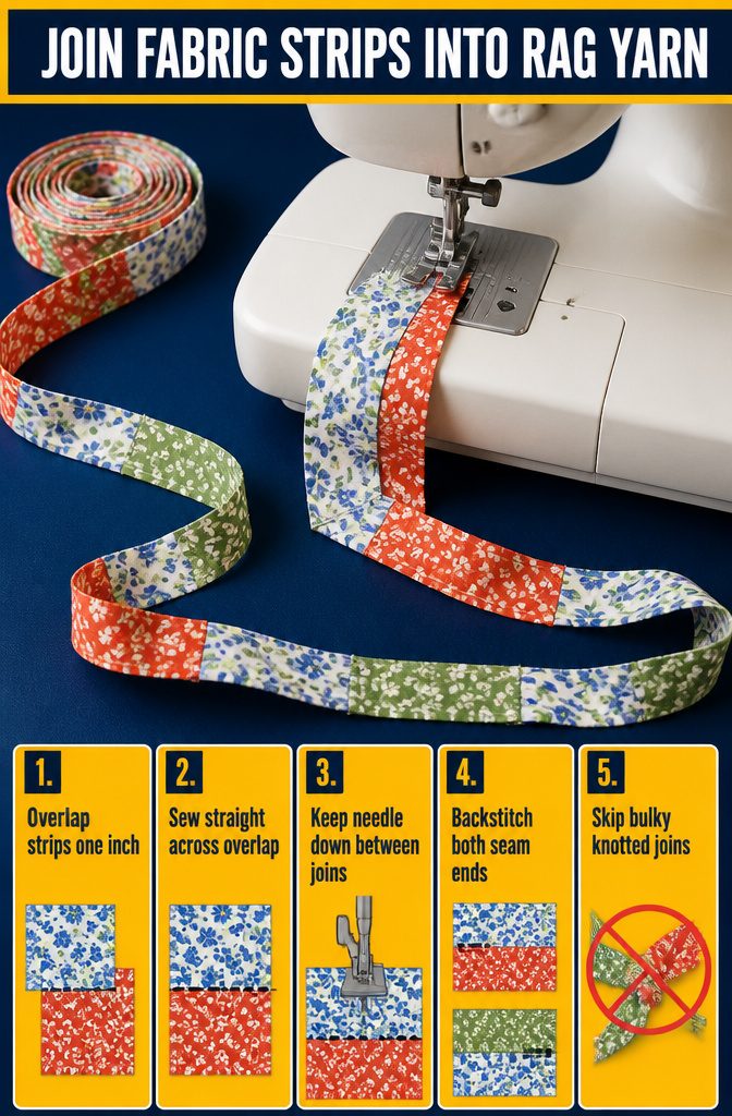 How to Make Rag Yarn and Crochet a Rug: 6 Steps 2 Fabric strips lined up for sewing into continuous rag yarn