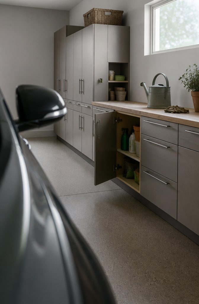Garage cabinets with closed doors and drawers beside a workbench