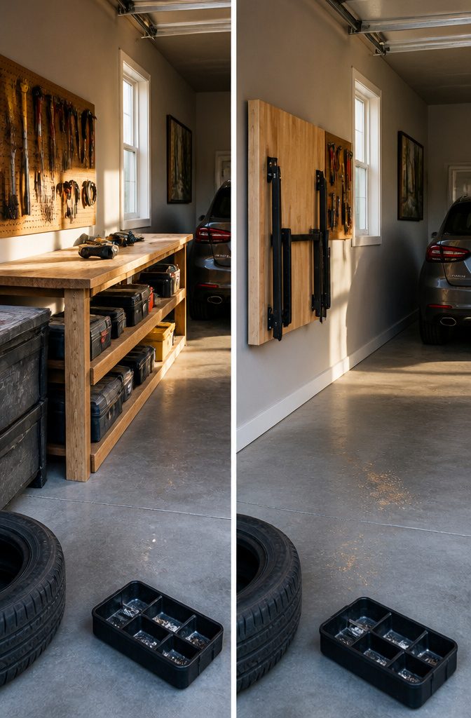 Fold-down garage workbench with hinged legs beside a parked car