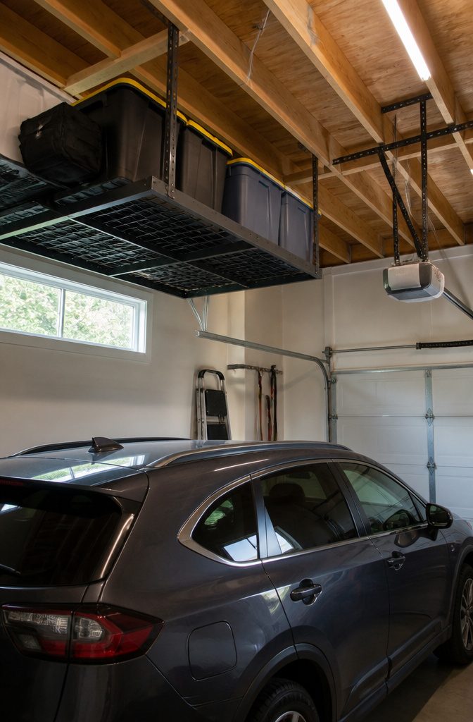 Overhead garage rack fastened to joists above a car near the door track
