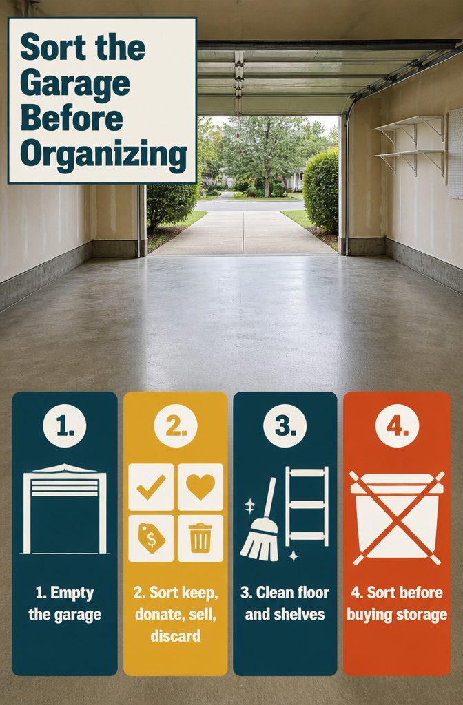 Garage sorting graphic with keep donate sell and discard labels