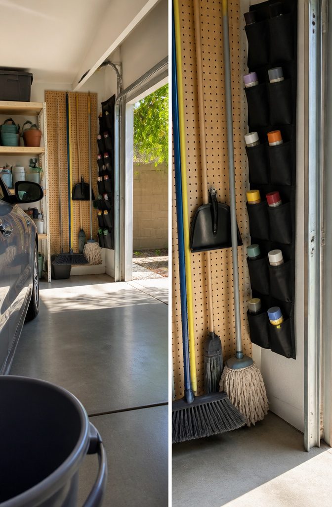 Garage cleaning station with brooms spray cans and small supply shelves