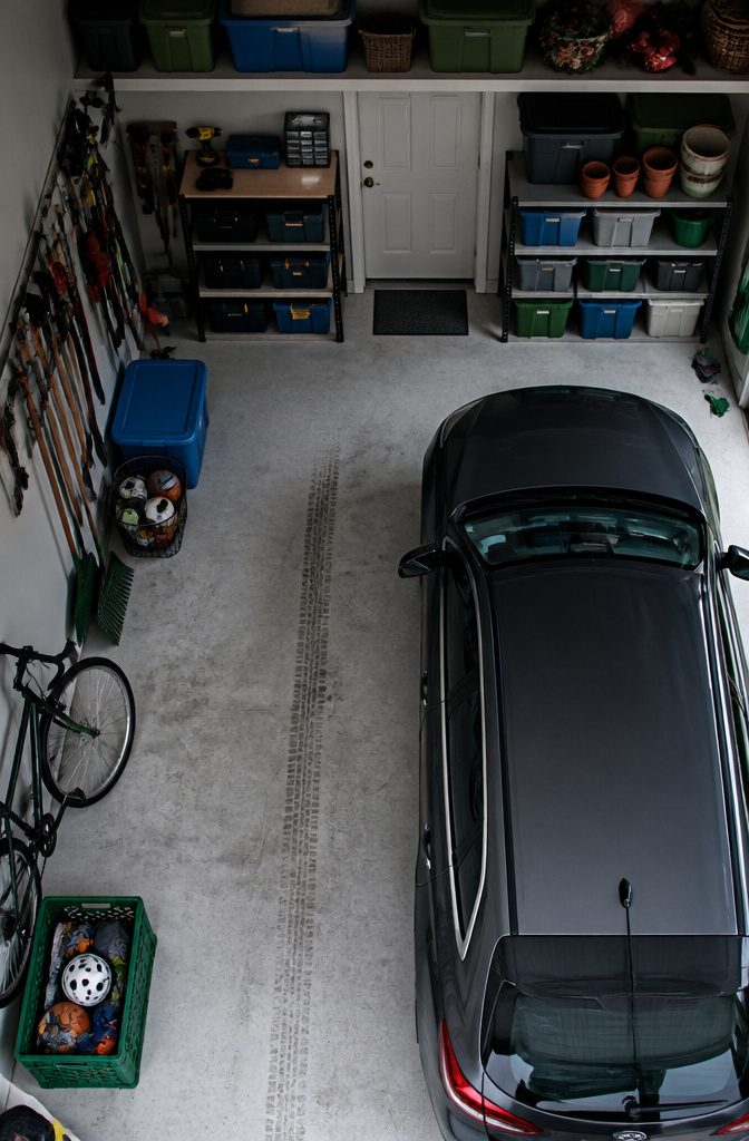 Organized garage with tools garden supplies and sports gear in zones