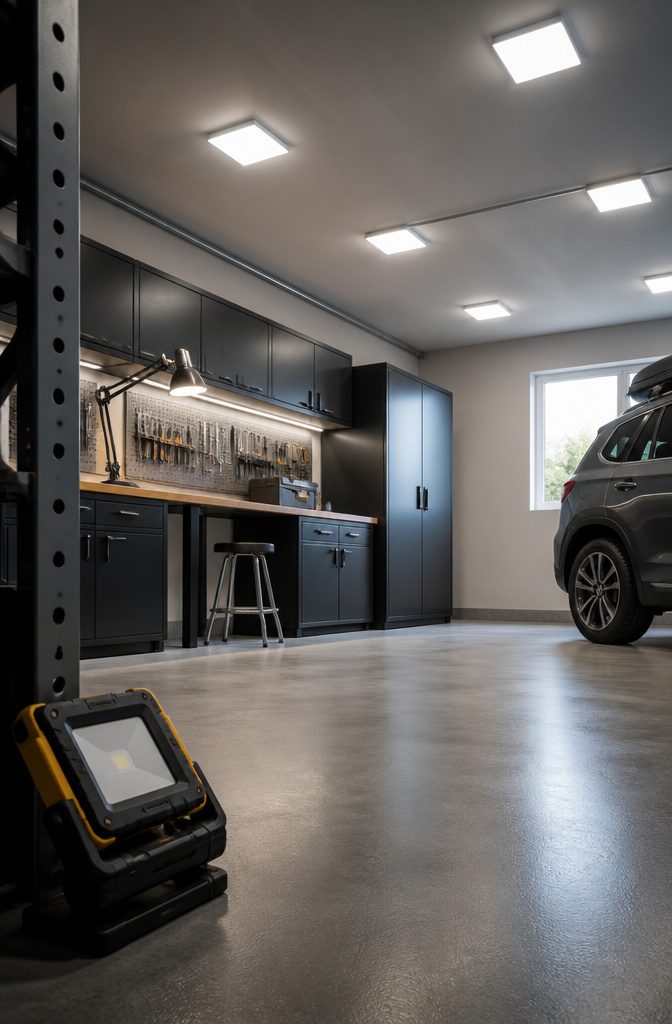 Bright garage with overhead LED fixtures and a lit workbench