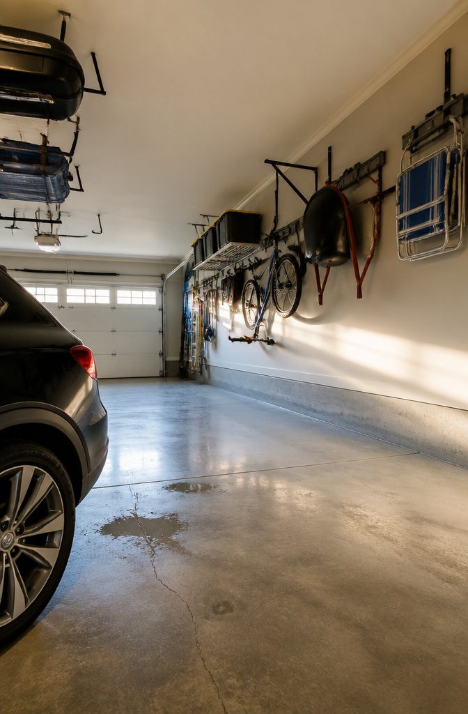 Garage with bikes lawn chairs and tools hung on walls