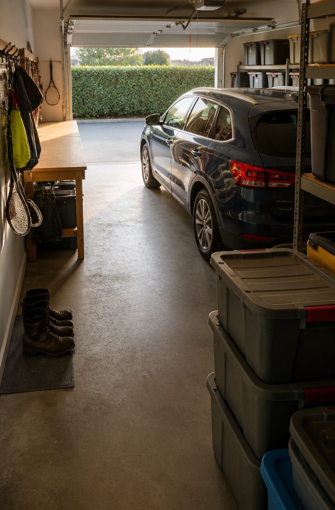 Garage with a clear car space wall hooks shelves and seasonal bins