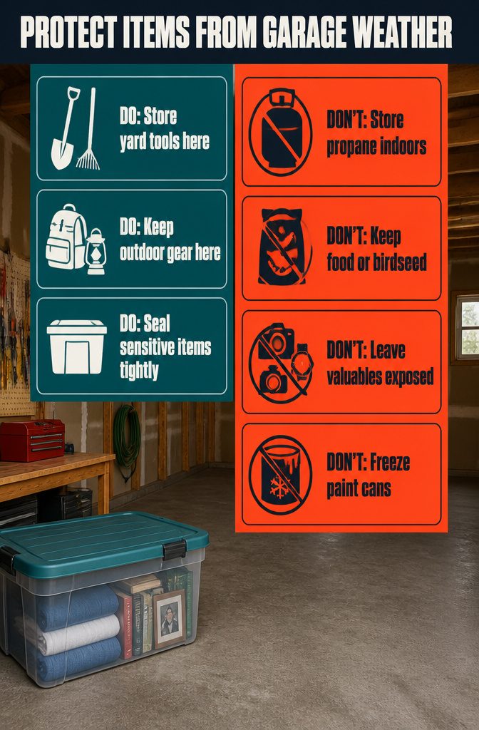 Garage storage graphic showing sealed containers protecting household belongings