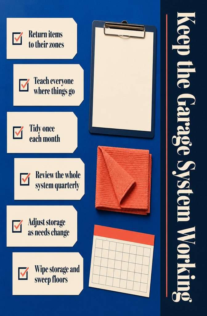 Garage organization graphic with labeled storage bins and assigned zones