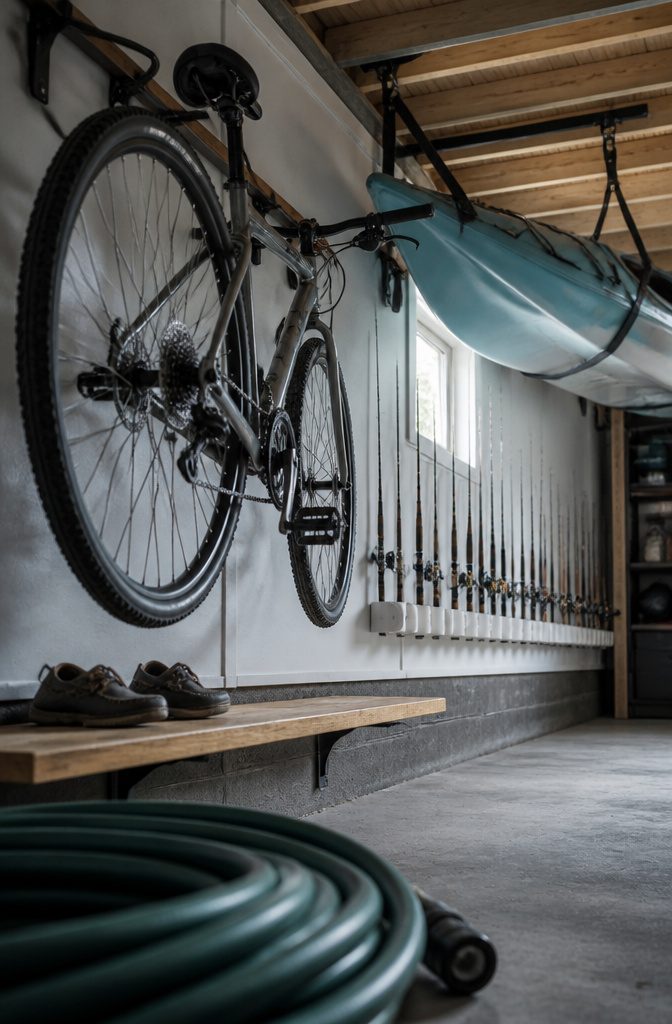 Garage wall with mounted bikes and overhead storage for bulky gear
