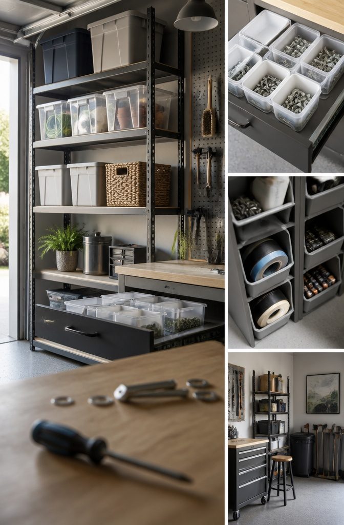 Garage shelves with labeled bins and drawer organizers for small parts