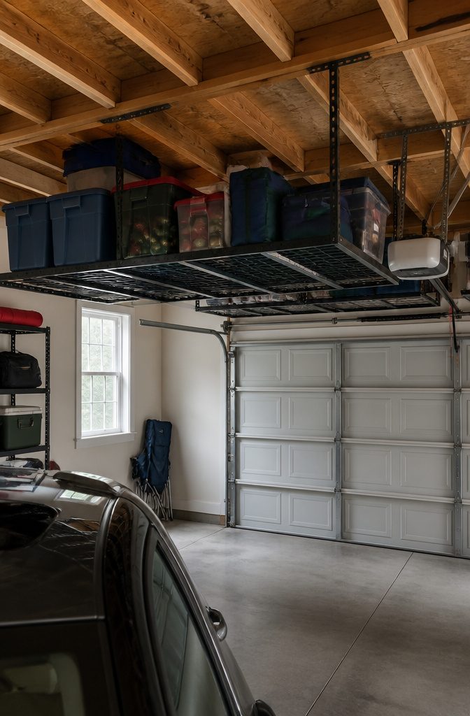 Ceiling racks with storage bins beside a garage door opener and car