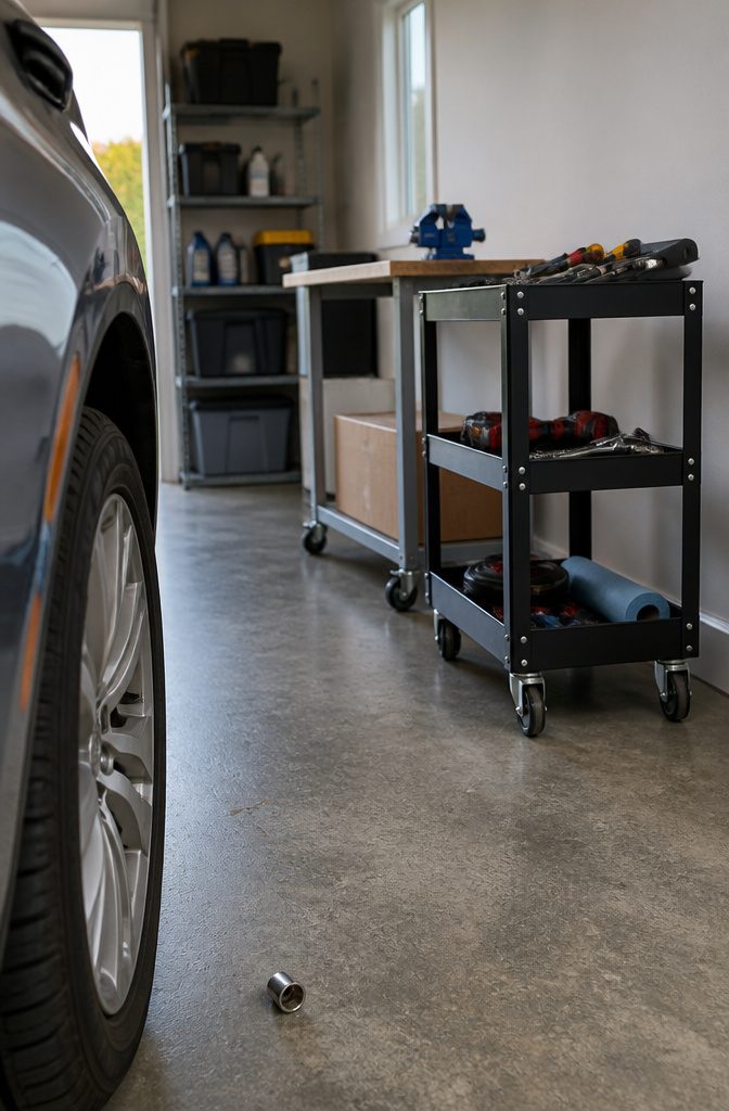 Garage tool cart on casters beside a workbench and car tire
