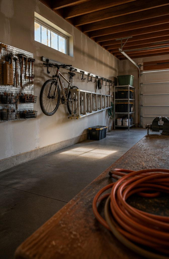Garage wall with mounted shelves hooks and hanging tools