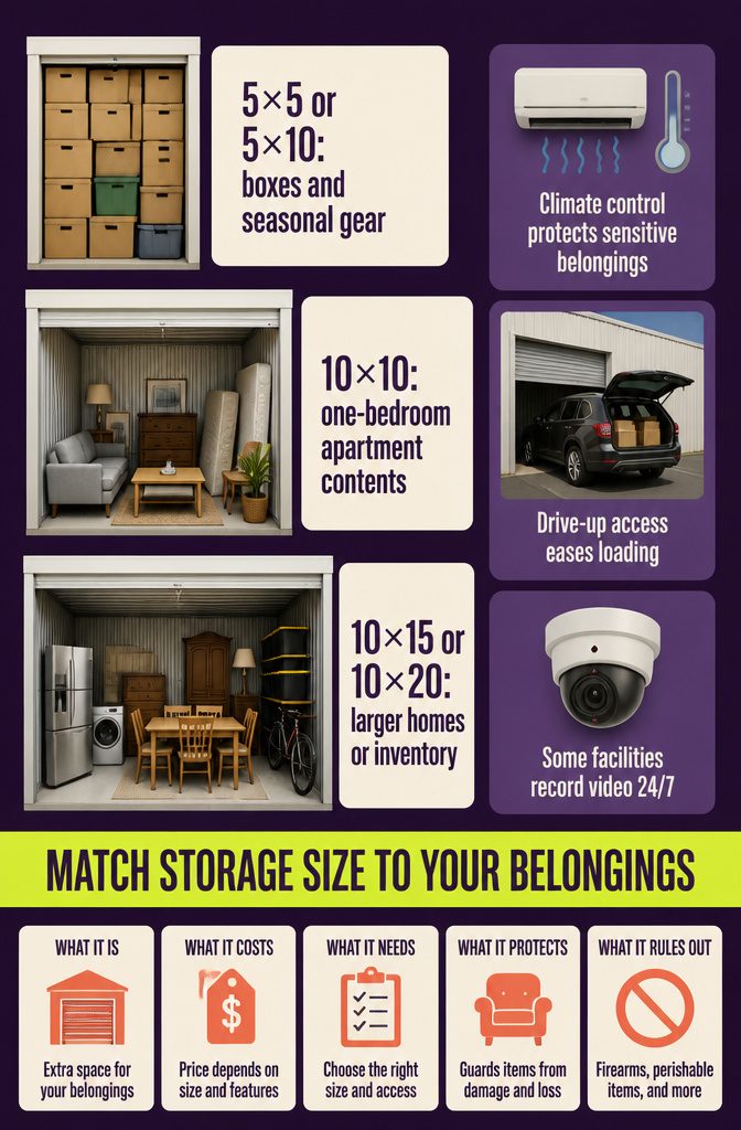Storage size guide with diagrams comparing unit dimensions for household belongings