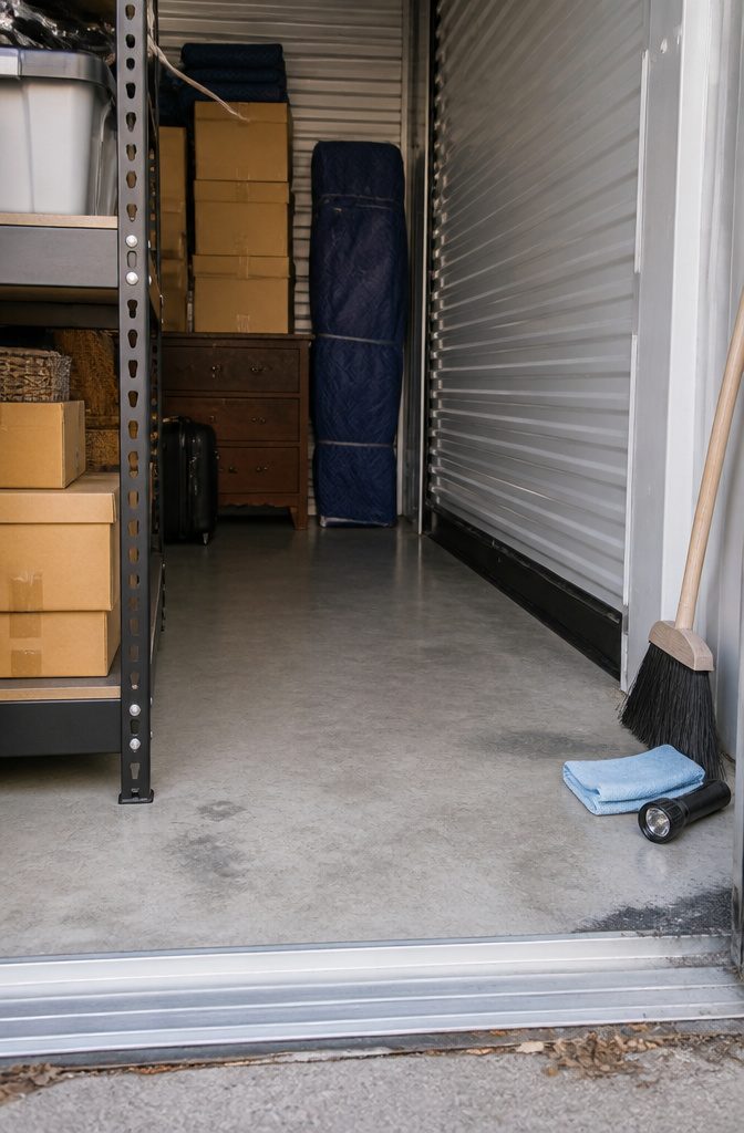 Clean storage unit with boxes on shelving, broom, cloth, and flashlight near the door