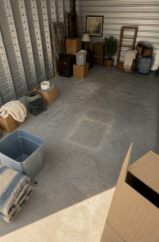 Partly cleared storage unit with sorted piles, remaining boxes, furniture, and open floor
