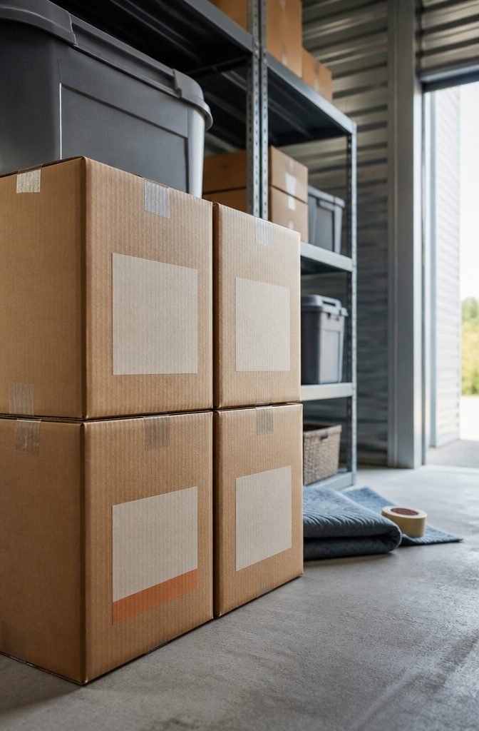 Storage box with labels on multiple sides among neatly stacked cartons