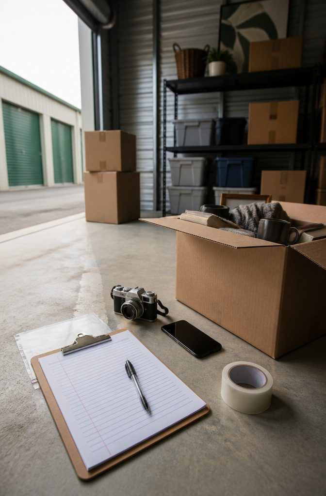 Clipboard beside an open box with visible contents, camera, phone, and waiting cartons