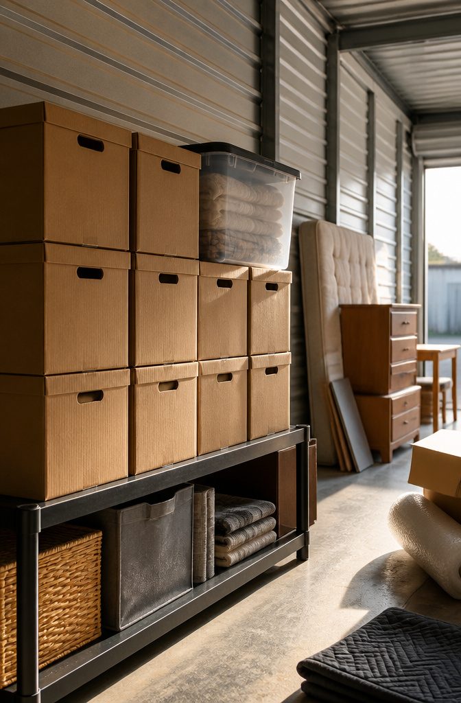 Uniform cardboard boxes and a clear lidded bin of folded linens on a shelf