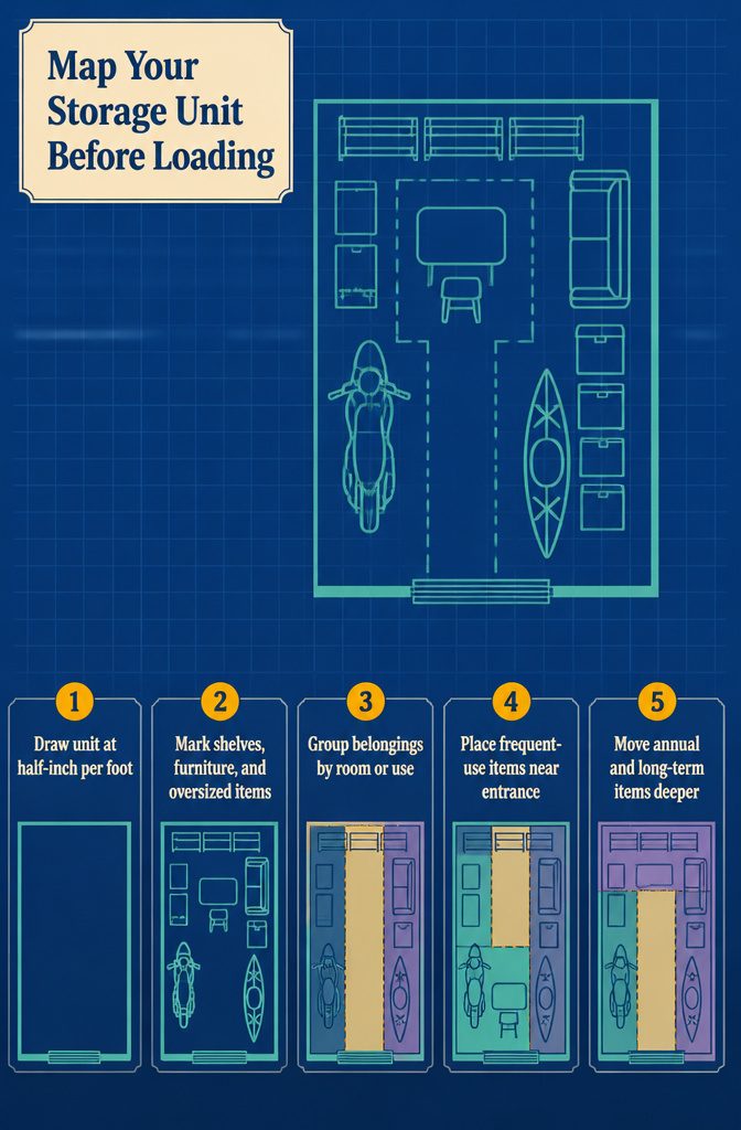 Storage unit layout sketch with shelving, large items, and a center aisle