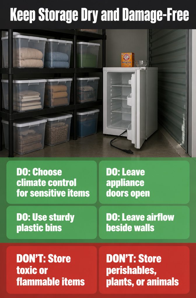 Plastic storage bins set apart from the walls in a dry, orderly unit