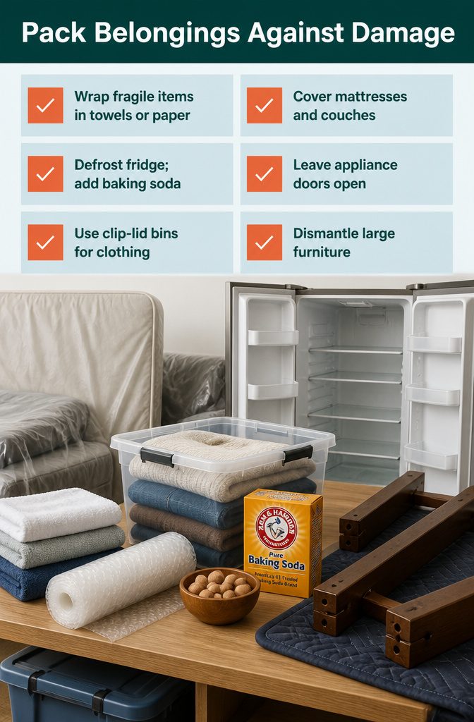 Fragile belongings wrapped for storage beside furniture protected with covers