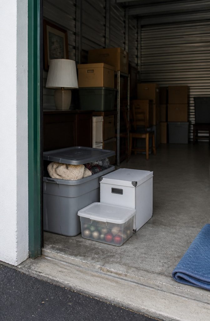 Storage unit entrance with a seasonal bin and file case ahead of deeper archive boxes