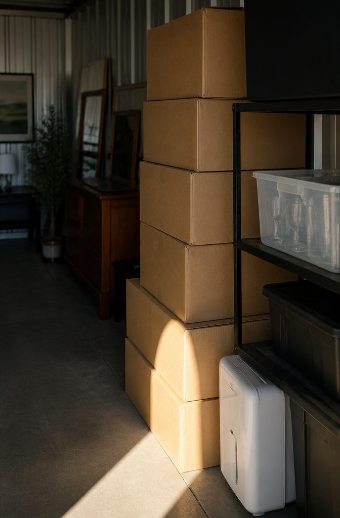 Straight column of heavy book boxes beneath lighter bedding cartons in a storage unit