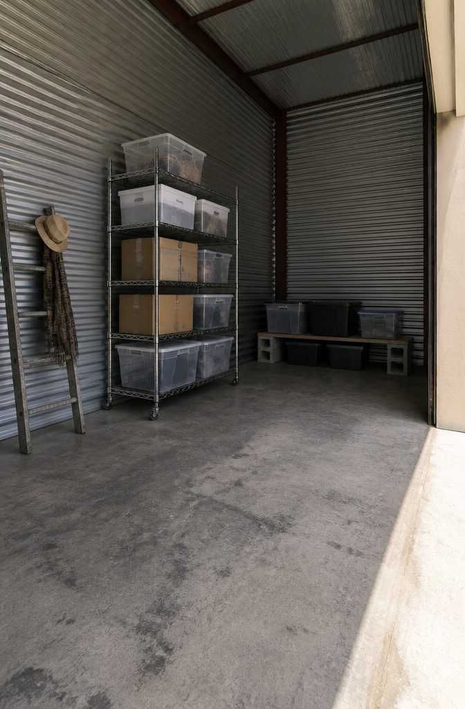 Freestanding wire shelving with adjustable levels holding storage boxes