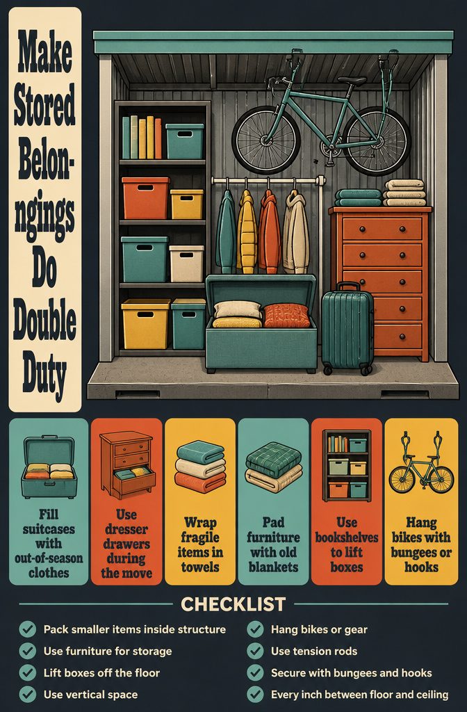 Suitcase, folded towels, bookshelf, and furniture used to store and protect belongings