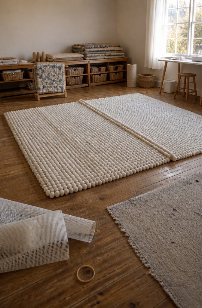 How to Sew a Rug: 9 Steps for Cotton Piping and Fabric Rugs 4 Netting rug sections joined along their edges with secured cotton piping