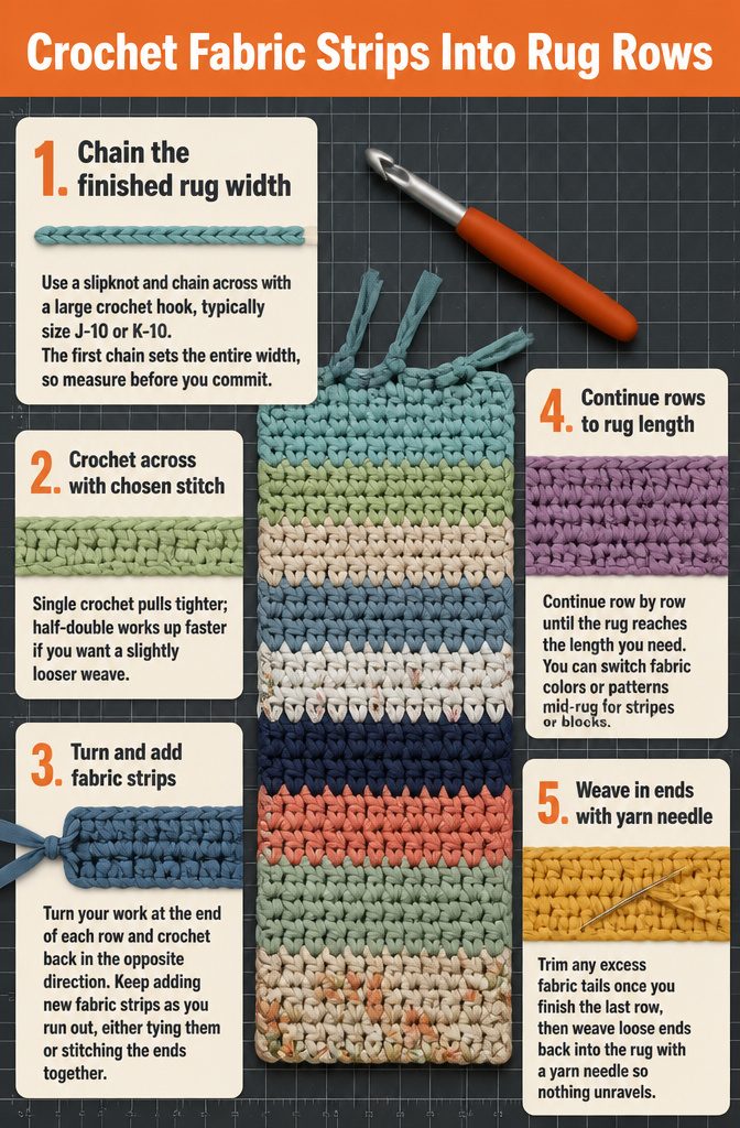 How to Sew a Rug: 9 Steps for Cotton Piping and Fabric Rugs 8 Fabric-strip crochet forming a rug with visible rows and loose tails