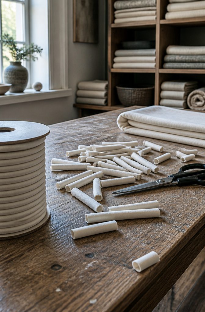 How to Sew a Rug: 9 Steps for Cotton Piping and Fabric Rugs 2 Cut cotton piping pieces scattered across a worn cutting table beside scissors