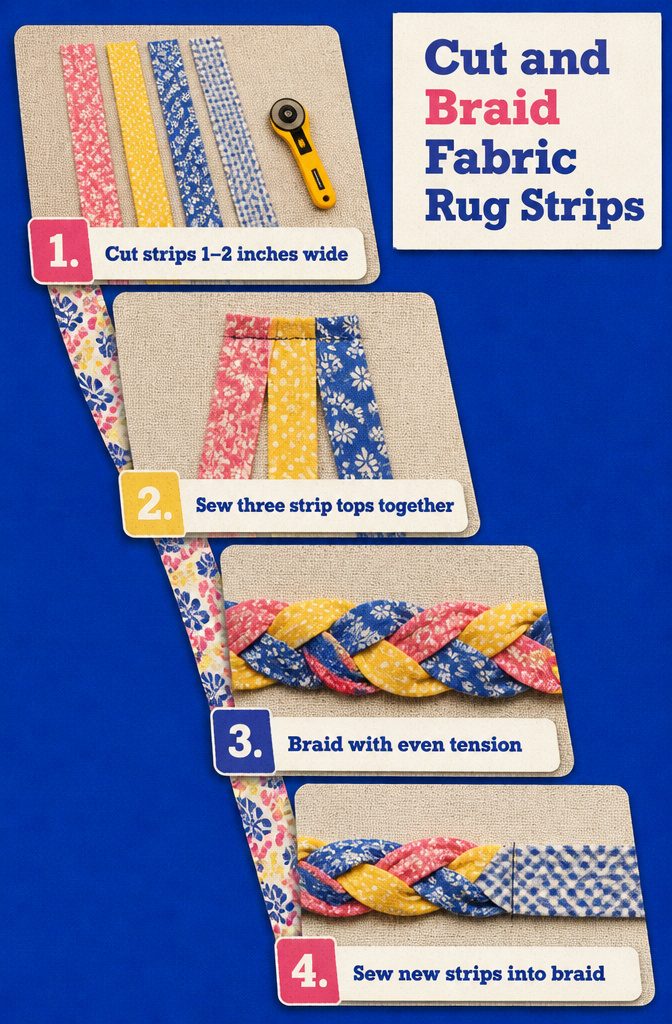 How to Sew a Rug: 9 Steps for Cotton Piping and Fabric Rugs 6 Fabric strips joined at one end beside a partly braided length