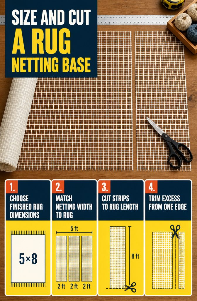 How to Sew a Rug: 9 Steps for Cotton Piping and Fabric Rugs 1 Netting strips laid side by side to form a rug base