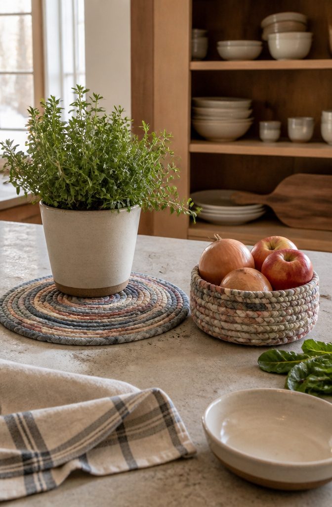 How to Sew a Rug: 9 Steps for Cotton Piping and Fabric Rugs 14 Round braided fabric mat under a flower pot beside a small produce basket