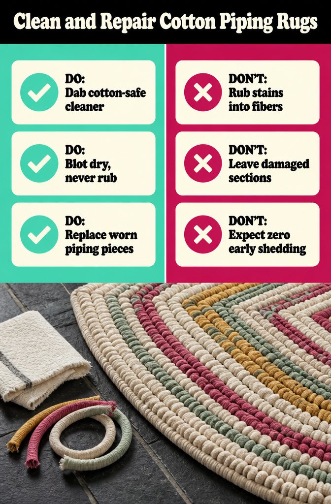 How to Sew a Rug: 9 Steps for Cotton Piping and Fabric Rugs 13 Cotton-piping rug with a damaged area being repaired with replacement pieces