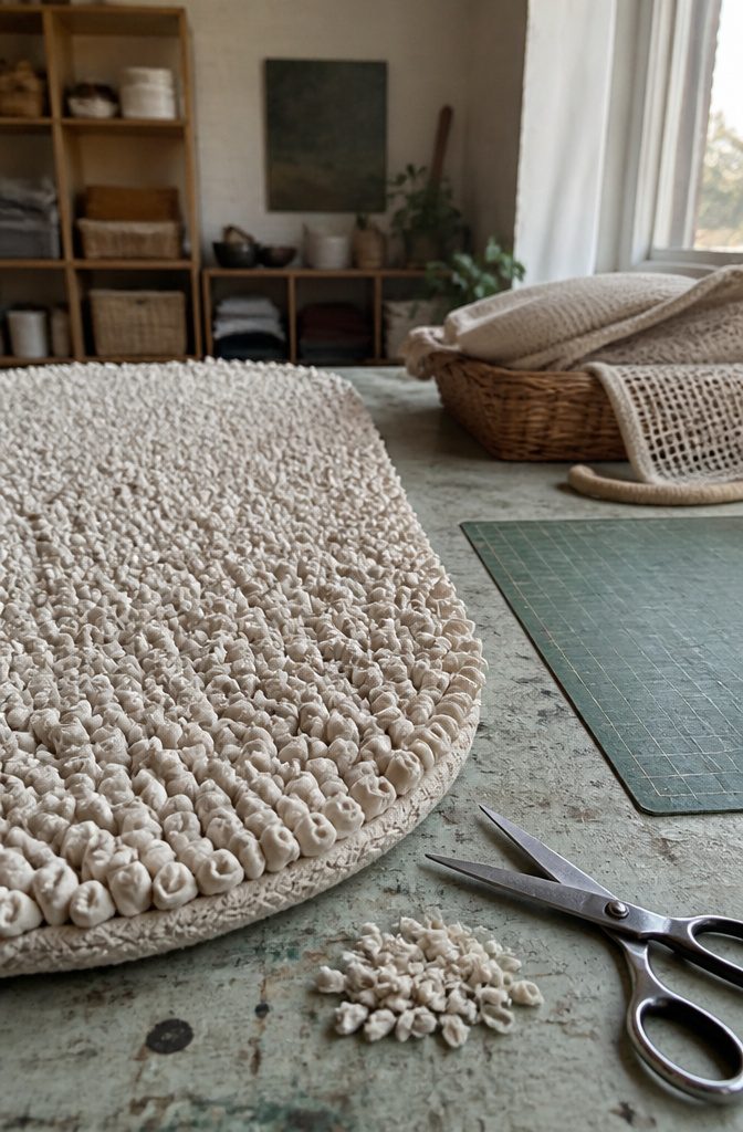 How to Sew a Rug: 9 Steps for Cotton Piping and Fabric Rugs 5 Cotton-piping rug with an even edge and open scissors on a worktable