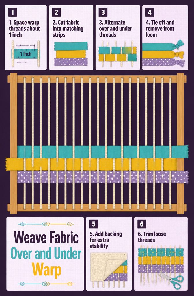 How to Sew a Rug: 9 Steps for Cotton Piping and Fabric Rugs 9 Fabric strips woven over and under vertical warp threads on a loom