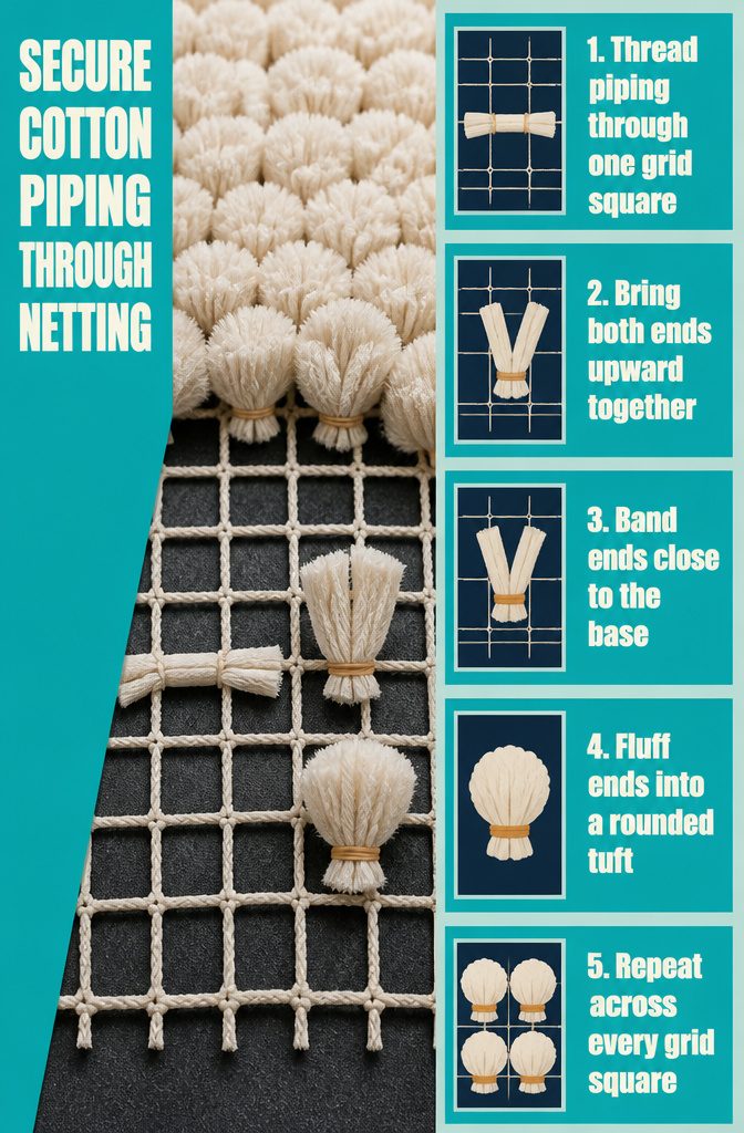 How to Sew a Rug: 9 Steps for Cotton Piping and Fabric Rugs 3 Cotton piping threaded through netting with rubber bands around the ends