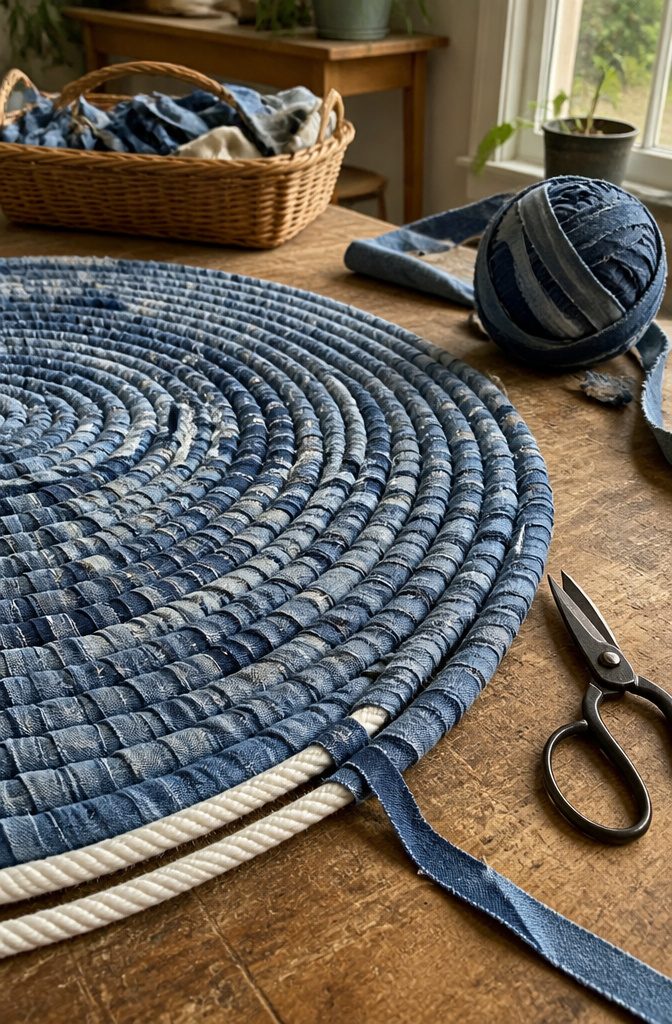 Hands wrapping denim yarn around coiled rope beside a loose strip