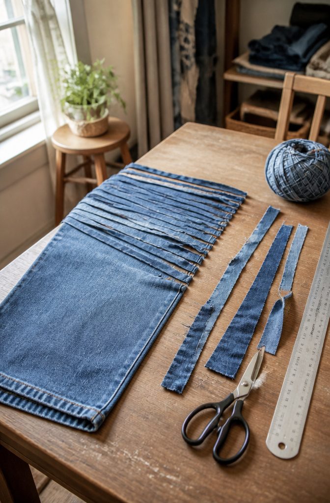 Jean leg with partly cut denim yarn strips beside scissors and a ruler