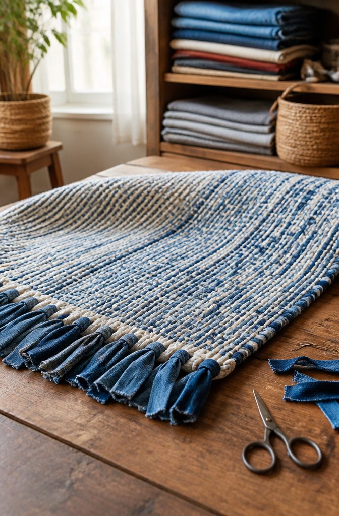 Rag rug underside with trimmed denim ends and fabric fringe through warp loops