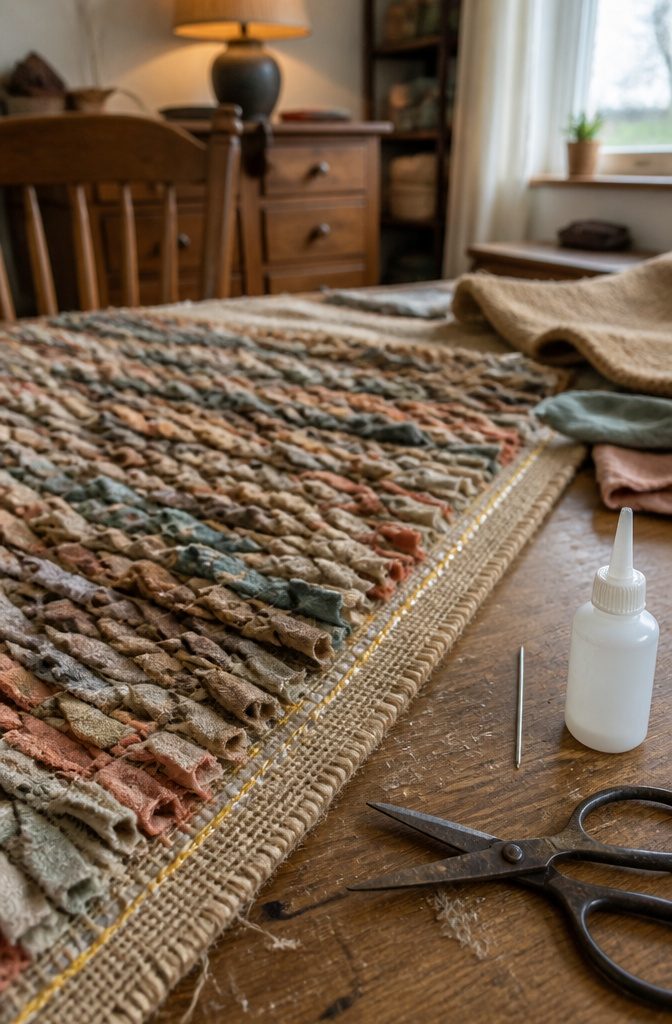 Gold stitching and clear glue beside the rag pile on a hessian edge